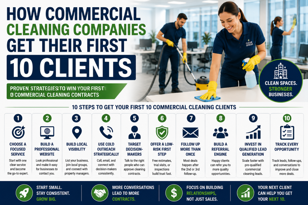 How Commercial Cleaning Companies Get Their First 10 Clients (2026 Guide)